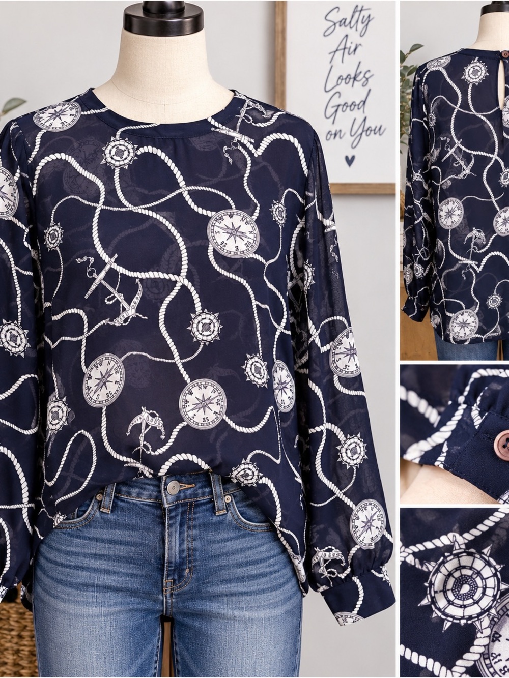 Chaus Size 14 Navy Nautical Compass Rope Print Sheer Blouse Long Sleeve